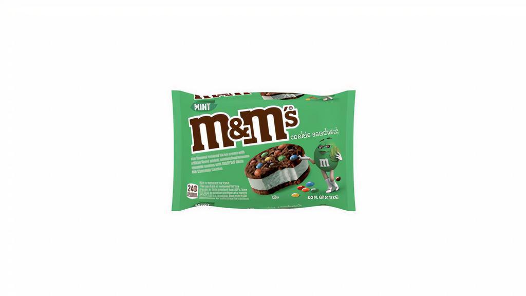 M&M's - Ice Cream - Cookie Sandwich - Mint · Mint flavored reduced fat ice cream with artificial flavor added, sandwiched between chocolate cookies with M&M'S minis milk chocolate candies.