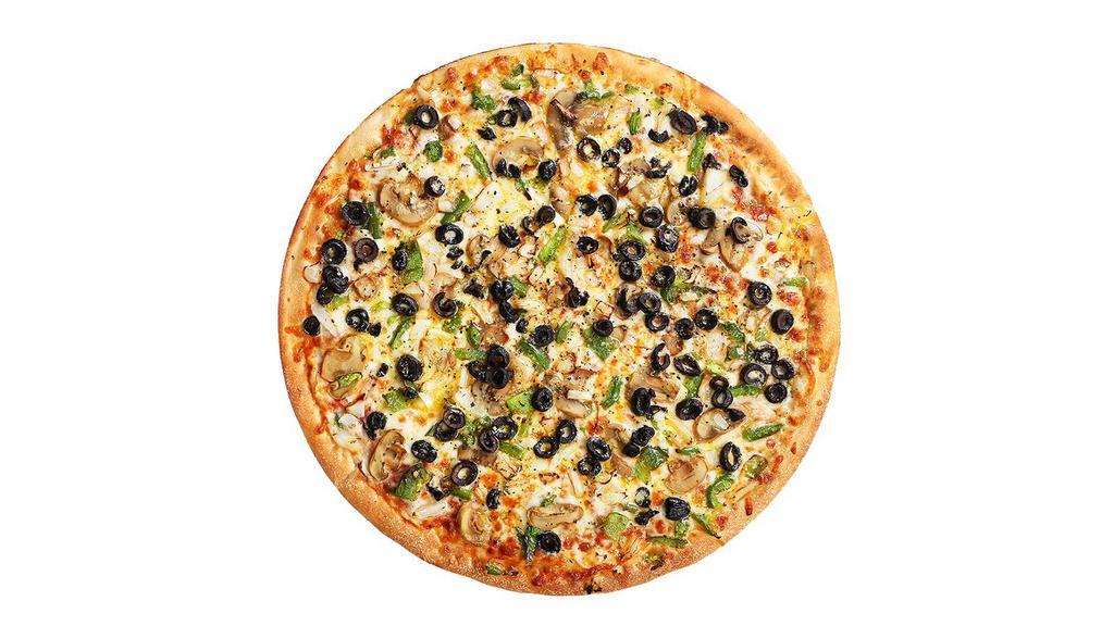 Out of This World Veggie Pizza · Veggie pizza with mushrooms, onions, bell peppers, and black olives