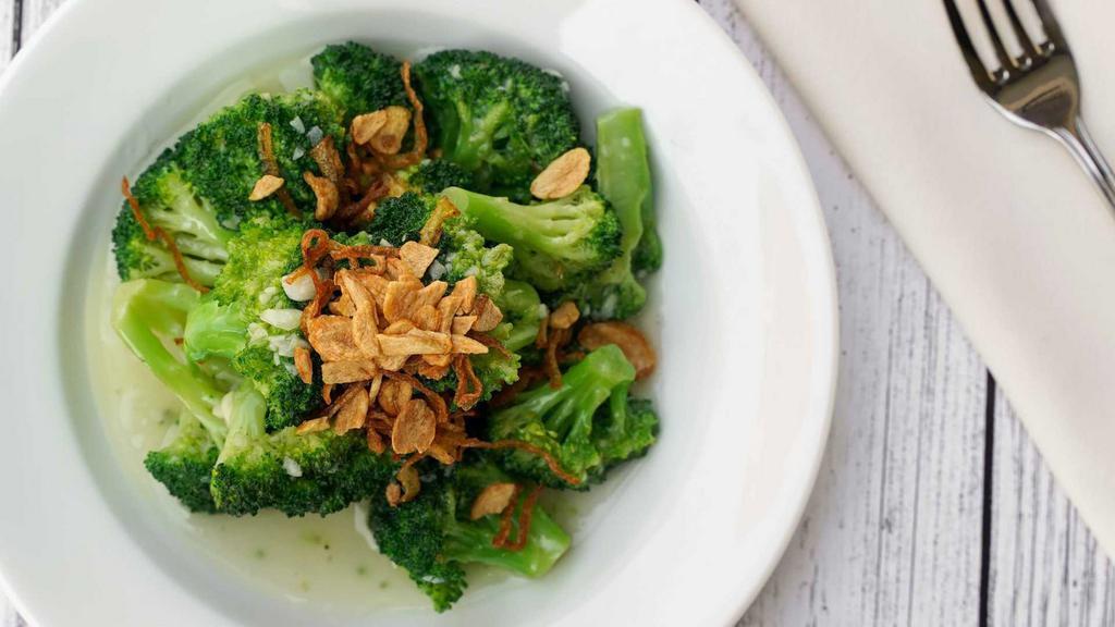 Garlic Broccoli · Broccoli tossed in a wok with garlic, topped with fried garlic and fried onions. Indicate that this item can be made gluten free.