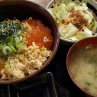 Sake Sanshoku Don · salmon sashimi, salmon flakes and ikura over rice