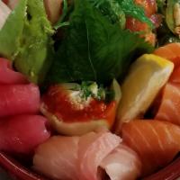 Chirashi · 3 pcs of tuna, salmon, hamachi , tai and spicy vege