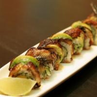 Dragon Roll · Shrimp tempura, cucumber,crab meat  roll w/ avocado, unagi & unagi sauce.