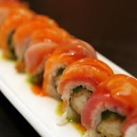 49er's Roll · spicy tuna,shrimp tempura roll topped with hamachi,tuna and house sauce&unagi sauce