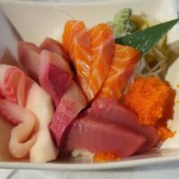 4. Chirashi Bowl · Assorted raw fish over seasoned sushi rice. Served with soup, salad and rice.