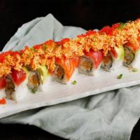 05. Honey Bunny Roll · Shrimp tempura, crabmeat topped with salmon, tuna, avocado, spicy crab meat and house spicy ...