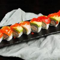 16. Rainbow Roll · California roll topped with assorted fish tobiko.
