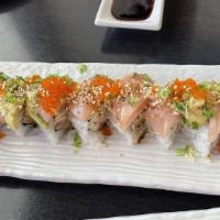 19. Half Moon Bay Roll · Shrimp tempura, crabmeat topped with albacore, avocado, scallion flakes, and Japanese specia...