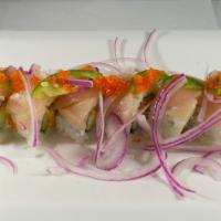 01. Yayume Roll · Spicy scallop and cucumber topped with yellow tail, jalapeño unagi sauce and onion.