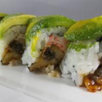 10. Caterpillar Roll · Crabmeat eel cucumber topped with avocado and unagi sauce.