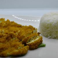 7. Chicken Katsu Dinner · Served with soup salad and rice.