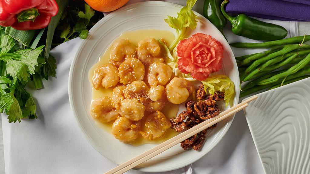 Prawns with Honey Walnuts · Lightly battered prawns tossed in light tart-sweet mustard mayonnaise with honey walnuts.