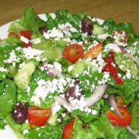Greek Salad · Fresh cut lettuce mixed with grape tomatoes, cucumbers, red onions, red bell peppers, and Ka...