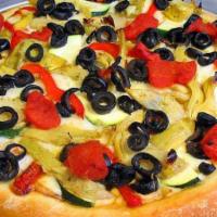 Sears Tower Pizza · Onions, sweet red peppers, marinated artichoke hearts, zucchini, and black olives.