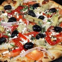 Greektown Pizza · Delicious crust brushed with olive oil, topped with red onions, artichoke hearts, roma tomat...