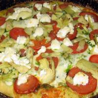 Grant Park Pizza · Pesto sauce, roma tomatoes, garlic, ricotta cheese, and artichoke hearts. No diced tomatoes ...