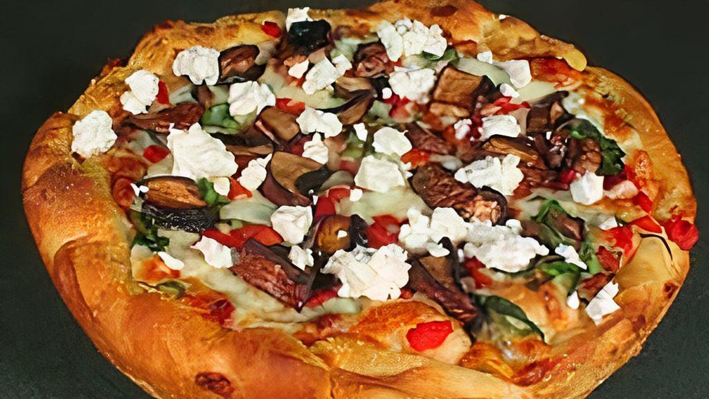 Billy Goat Pizza · Marinated portobello mushrooms, fresh spinach, roasted red peppers, and goat cheese. No diced tomatoes added.