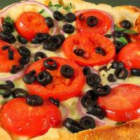 Cubby Bear Pizza · Fresh spinach, roma tomatoes, black olives, red onions, garlic, spices, and cholesterol-free...
