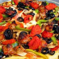 Fridge Pizza · Pepperoni, sausage, Canadian bacon, green peppers, mushrooms, black olives, and onions.