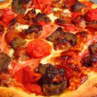 Rush Street Pizza · Pepperoni, Canadian bacon, sausage, linguica, and meatballs.
