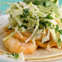 Camarones · Batter fried shrimp, arbol aioli, cilantro, cabbage, and lime (contains glutten)