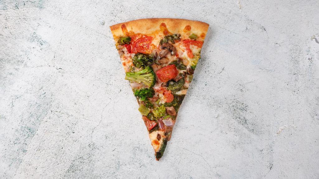 Veggie Pizza · Pizza sauce, cheese blend, broccoli, spinach, tomato, onion, bell pepper.