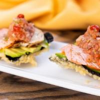 Seiya Fish Tacos · Seiya’s Original! 2 pieces of seared albacore & salmon, avocado, homemade salsa with drops o...