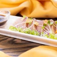 Albacore Tataki · seared albacore with diced onions, garlic chips & special ponzu sauce