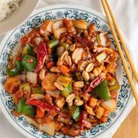 Kung Po Chicken · Hot. Diced chicken sauteed with water chestnuts, celery, carrots, peanuts in hot pepper sauce.