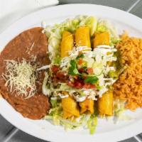 3 Chicken Flauta Platter · Topped with tomatillo sauce, queso fresco, sour cream, and salsa fresca, served with rice an...