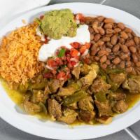 Chili Verde Platter · Cubed Pork simmered and coooked in a tomatillo Sauce, Onions and Green Peppers accompanied b...