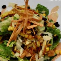 Baja Ceasar Salad with Chicken · Romaine lettuce with Corn, Black Beans, Parmesan Cheese & Chipotle  Ceasar Dressing