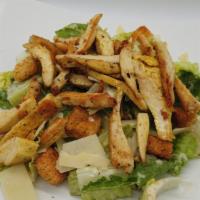 Chicken  Caesar Salad · Chopped romaine hearts, garlic croutons, shaved Parmesan cheese and caesar dressing with chi...