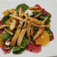 Baby Spinach Salad with Chicken · Toasted pecans, mandarin oranges, roasted bacon, and feta cheese tossed with raspberry musta...