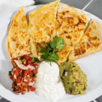 Flour Quesadilla (No Meat) · Flour tortilla with melted jack cheese, accompanied by guacamole, sour cream, and salsa fres...