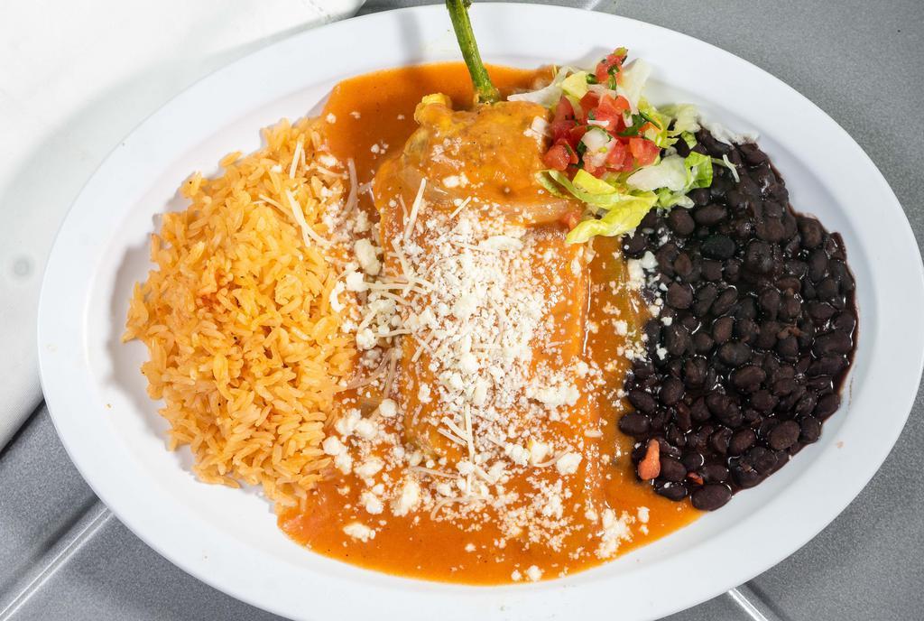 Freshly Made Chile Relleno · Stuffed with jack cheese and topped with ranchero sauce and queso fresco.