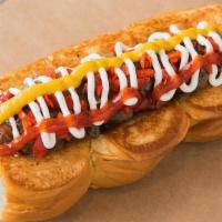 Downtown · smoked bacon wrapped dog, caramelized onions, pickled peppers, mayo, mustard, ketchup