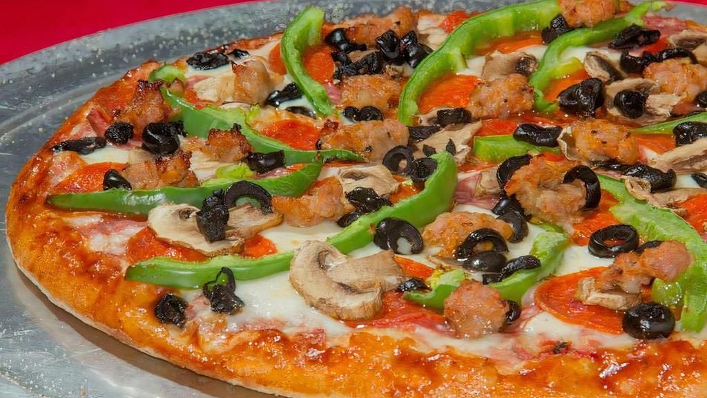 2. California Pizza · Homemade tomato sauce, shredded whole milk mozzarella cheese, pepperoni, salami, Italian sausage, mushrooms, black olives, and green peppers.