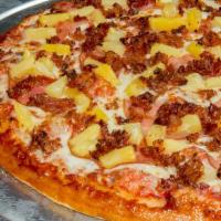 3. Hawaiian Pizza · Homemade tomato sauce, shredded whole milk mozzarella cheese, sliced ham, pineapple, bacon b...