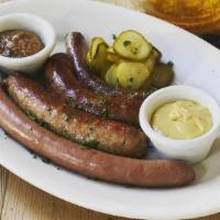 Sausage Platter · Sausage Platter with Pickles, Sweet, & Spicy Mustard. (Choose up to 4 sausage types: Bratwur...