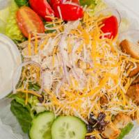 3. House Salad with Chicken · Diced tomatoes, diced cucumbers, raisins, shredded cheese, croutons, red onions, and chicken...