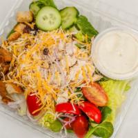 2. House Salad with Tuna · Includes: Diced tomatoes, diced cucumbers, raisins, shredded cheese, croutons, red onions, a...