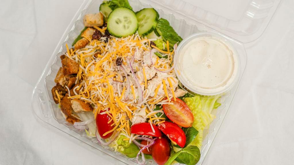 2. House Salad with Tuna · Includes: Diced tomatoes, diced cucumbers, raisins, shredded cheese, croutons, red onions, and tuna salad.