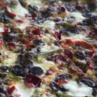 Pesto 2.0  · Fresh mozz piquillo peppers roasted mushrooms, . Made with our hand-streched, housemade cold...