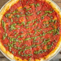 Vegan Superstar · House tomato sauce, pesto drizzle, olive tapenade, basil and herbs. Made with our hand-strec...