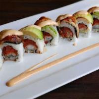 Drunk Guy Roll · in: spicy tuna, shrimp tempura. 
out: unagi, avocado, spicy mayo, unagi sauce