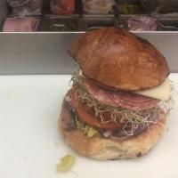 2. Salami Sandwich · Salami,Swiss cheese,Greek pepper, red onion, tomato sprouts, mayonnaise and mustard.