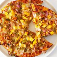 Mango Chat  · Vegetarian. 
Spicy Curry Sauce, Mozzarella cheese, Spiced Mangoes, Red Onions, Green Bell Pe...