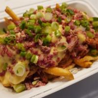 6. Rohnert Pork · French fries, BBQ pulled pork, cheese sauce, bacon, green onions.