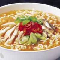 Korean Style Ramen · Spicy. Curly flour noodle soup with veg.