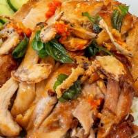 BBQ Chicken · Thai-style marinated BBQ boneless chicken. Served with rice and fried onions-garlic garnish ...